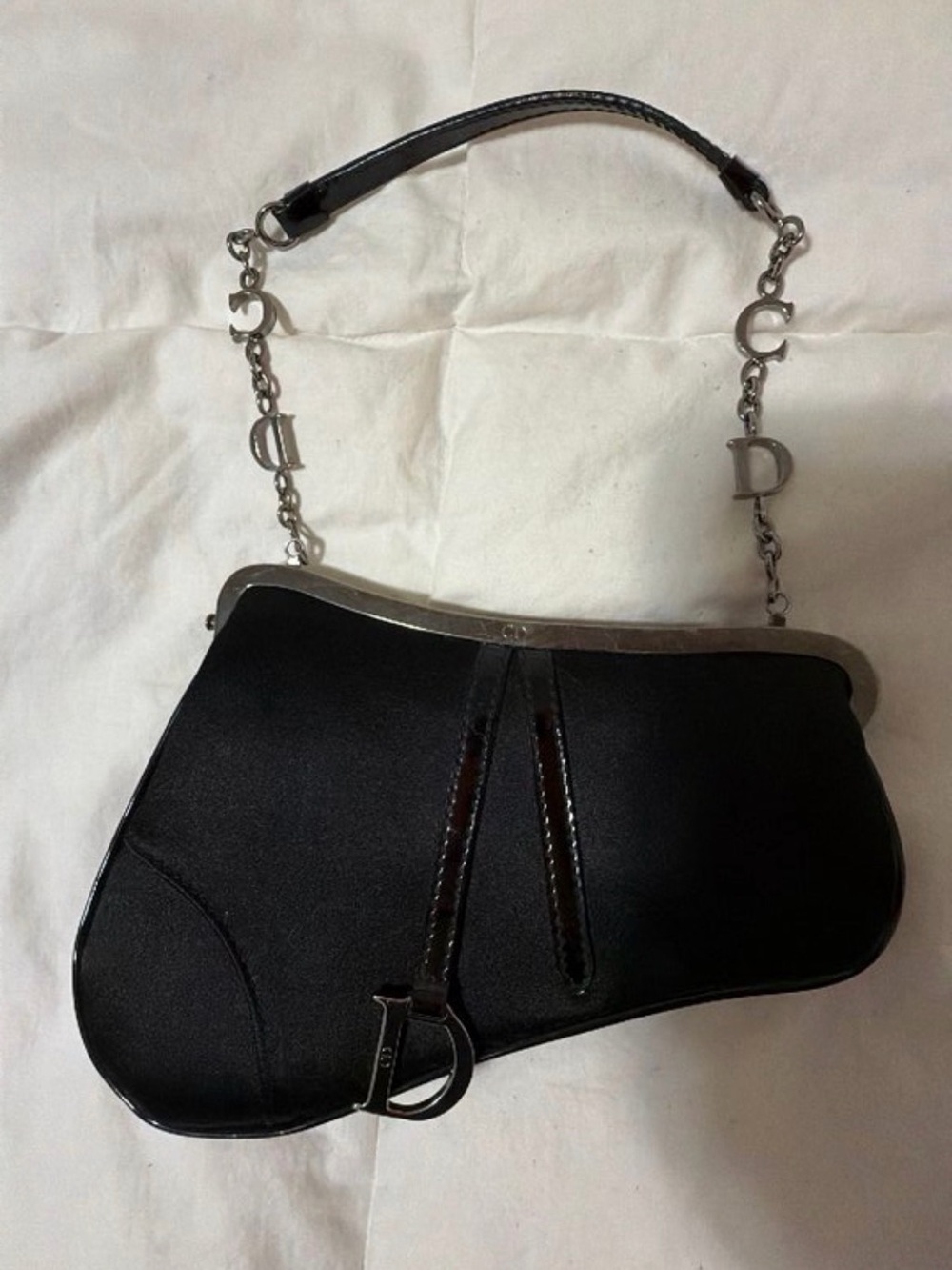 Dior Black Satin Saddle Mini Bag with Silver 'D' Chain